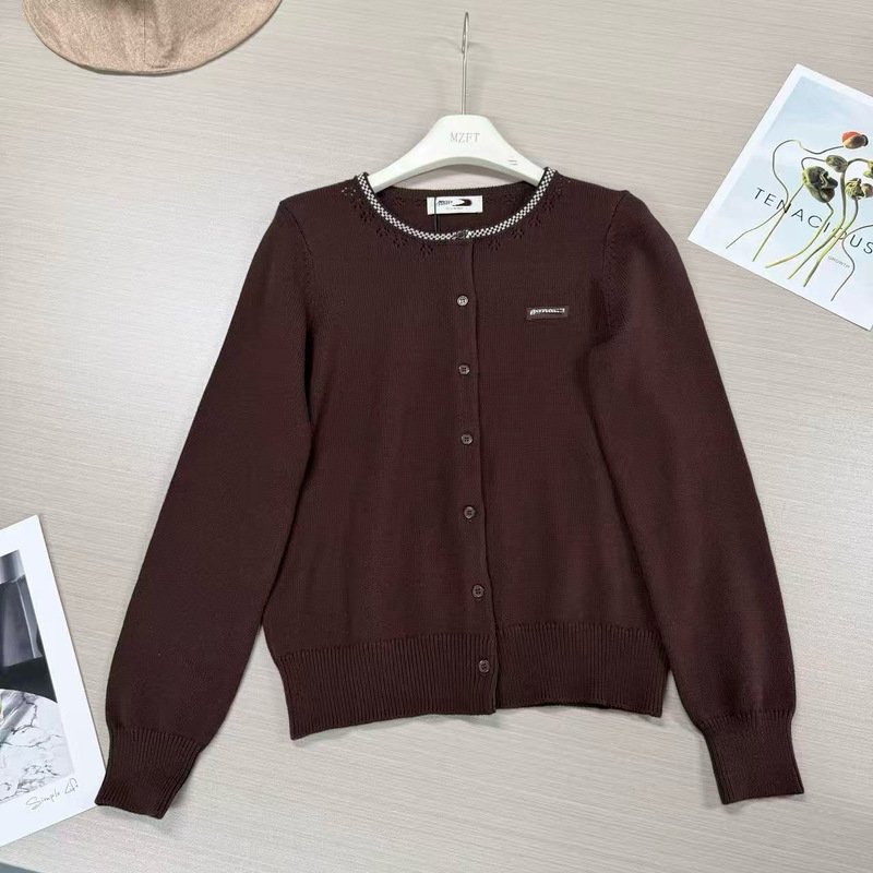 Correct version 26 Autumn New Miu Series Chocolate Brown Round Neck Contrast Color Hollow Knit Cardigan Long Sleeve Wool Sweater Correct version 26 Autumn New Miu Series Chocolate Brown Round Neck Contrast Color Hollow Knit Cardigan Long Sleeve Wool Sweater