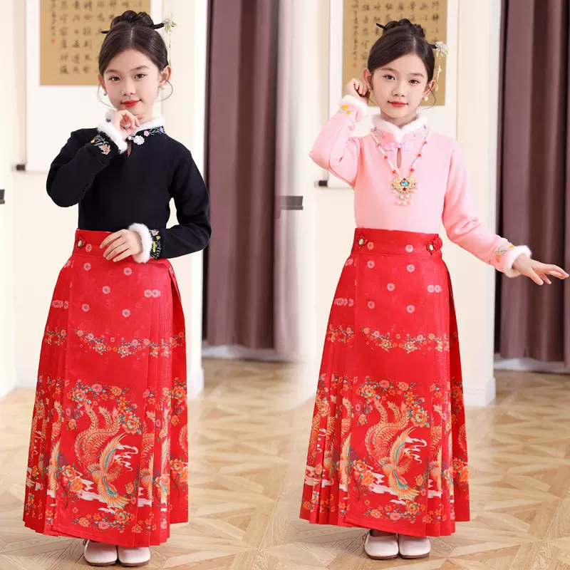 汉服女童马面唐装套装中国儿童古风中大童爆款国潮秋冬款刺绣