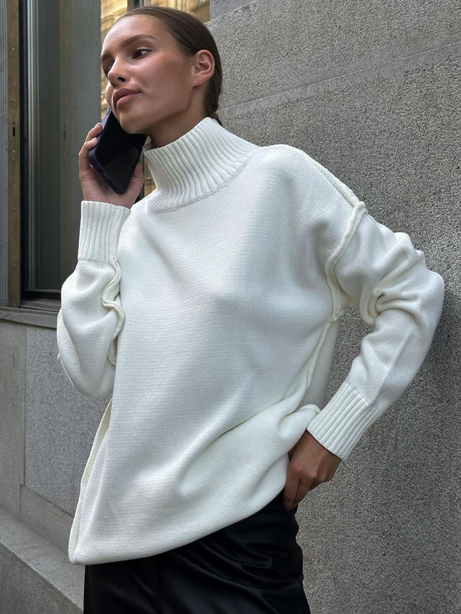 Suéter de cuello alto con costuras transfronterizas para mujer, otoño e invierno europeo y americano nuevo estilo casual suelto perezoso suéter grueso suéter de punto