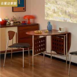 北欧实木餐桌中复古家用小户型可折叠桌侘寂风不锈钢椭圆吃饭桌子