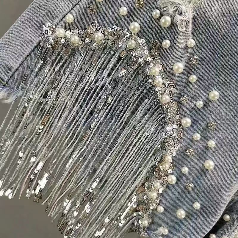 Women's Heavy Duty Rhinestone Denim Shorts High Waisted Slimming Beaded Tassel Ripped Copper 2026 Summer New Style_ecoleips.com