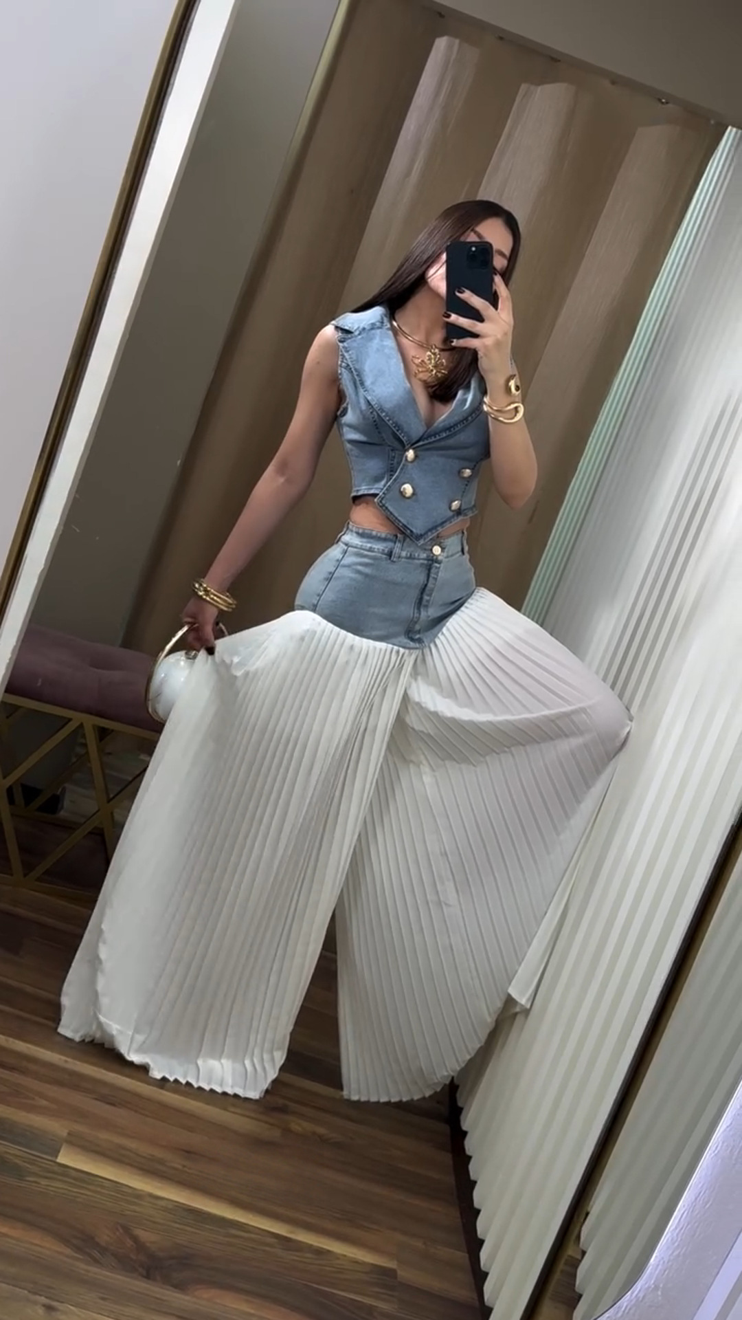 High Waist Denim Skirt And Sleeveless Jacket Two-piece Set_voghion.com
