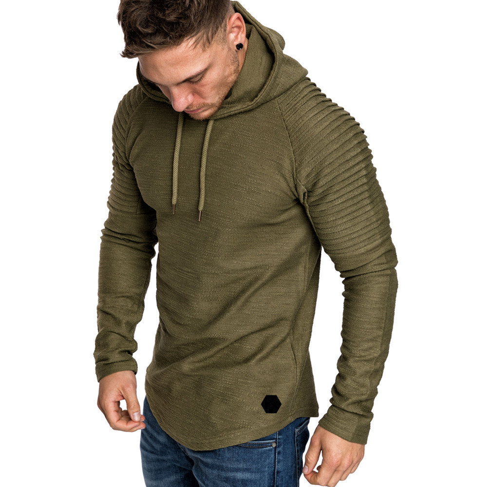 Men's Clothing Autumn and Winter New Round Neck Slim Fit Solid Color Hooded Long Sleeve Sweater Striped Pleated Raglan Sleeve Men's Clothing_voghion.com