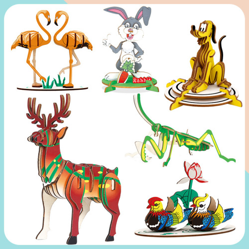 Cute cartoon animals diy building blocks three-dimensional puzzle children's handmade wooden assembly model stall toys