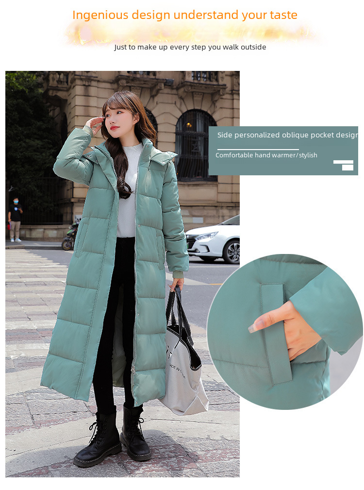 Long over-the-knee hooded Warm jacket jacket women's winter coat thickened warm over-the-knee solid color casual slim-fit cotton-padded jacket fashion_voghion.com