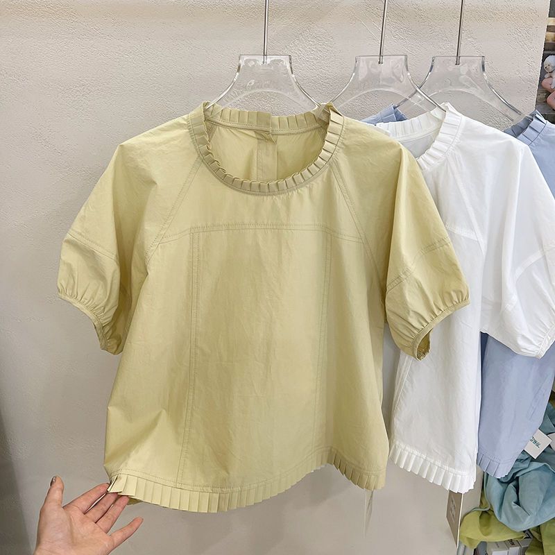减龄圆领边短袖小衫女2025夏季新款后背扣设计感衬衫别致上衣|undefined