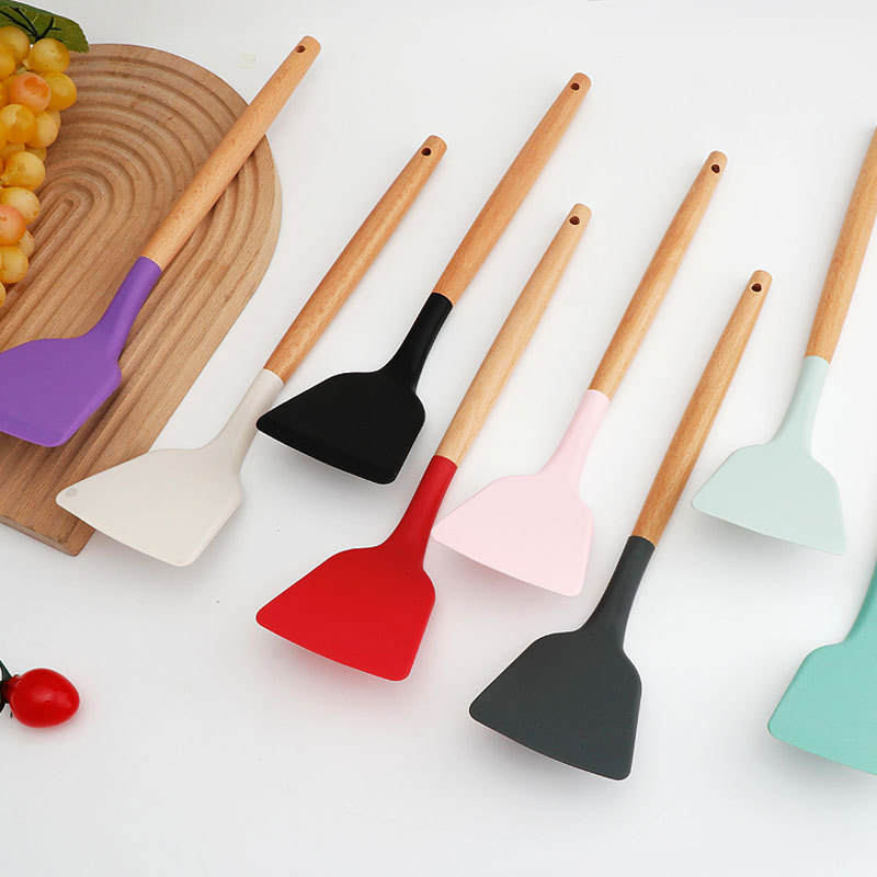 Mango de madera de silicona espátula mango de haya espátula cuchara de cocina de silicona de calidad alimentaria utensilios de cocina sartén antiadherente resistente a altas temperaturas herramientas de cocina