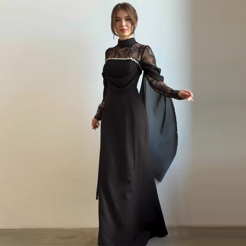 2026 New European and American Amazon Cross-Border Foreign Trade Women's Clothing Lace Patchwork Black Elegant Rhinestone Embellished Slim-Fit Long Dress