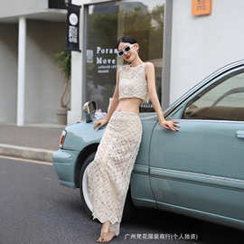 超仙垂坠感半身裙中长款钩花蕾丝宫廷风时尚镂空侧开叉裙子两件套