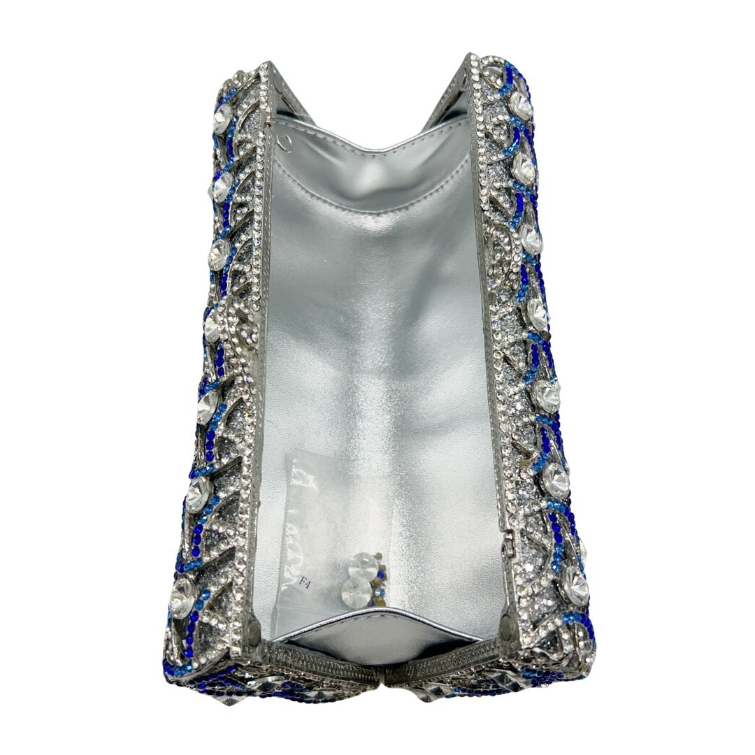 Bolsa de embrague transfronteriza diamantes huecos cristal diamantes de lujo cena de fiesta de mano bolsa azul plateado tendencia transfronteriza