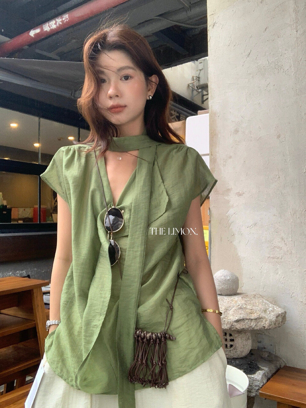 Áo sơ mi nữ linen cổ V tay dài phối dây rua, thiết kế thanh lịch mùa hè 2026 — Bột cam, xanh lá cây, màu xám, màu mơ chi tiết 34