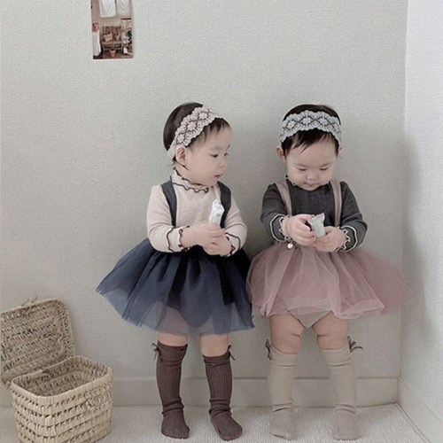 2024 Spring and Autumn Korean Children's Clothes Baby Girl Baby Clothing Carrier Mesh Skirt Baby Romper Clothes Gauze Skirt Girls Suspender Skirt