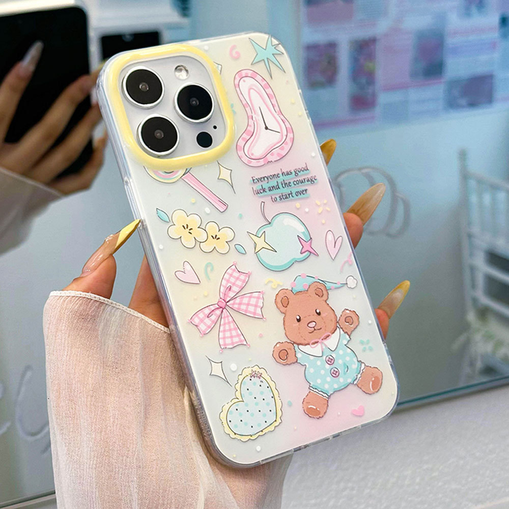 Custodia protettiva con cinturino con fiocco 3C Cartoon Bear compatibile con 16PM Cute 13 Phone Case 15 Pro_voghion.com