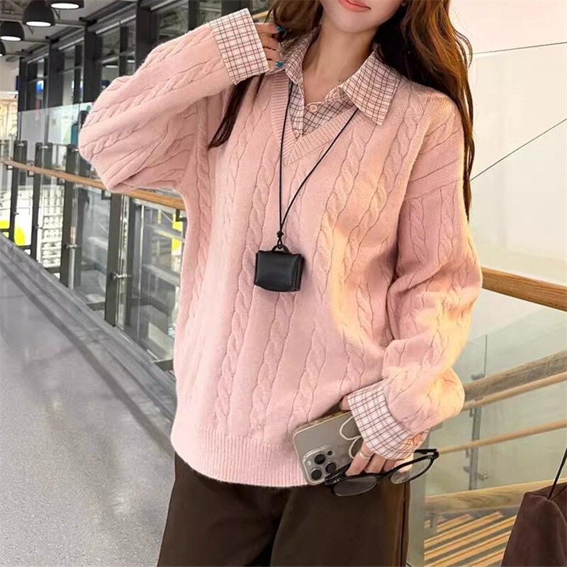 Pink Youthful Twist Knit Polo Collar Long-Sleeve Sweater for Women, Autumn and Winter Casual Plaid Patchwork Knit Top Pink Youthful Twist Knit Polo Collar Long-Sleeve Sweater for Women, Autumn and Winter Casual Plaid Patchwork Knit Top