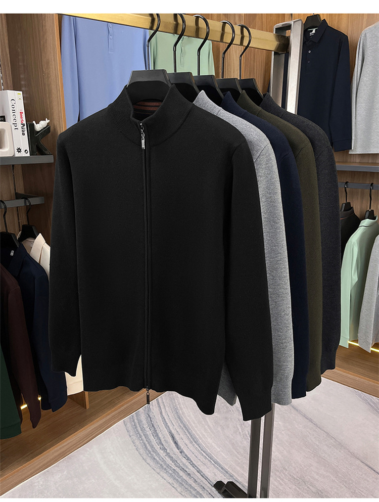 Áo len cardigan nam Haggis 100% len dày dặn có khóa kéo dệt kim cổ đứng — màu đen chi tiết 1