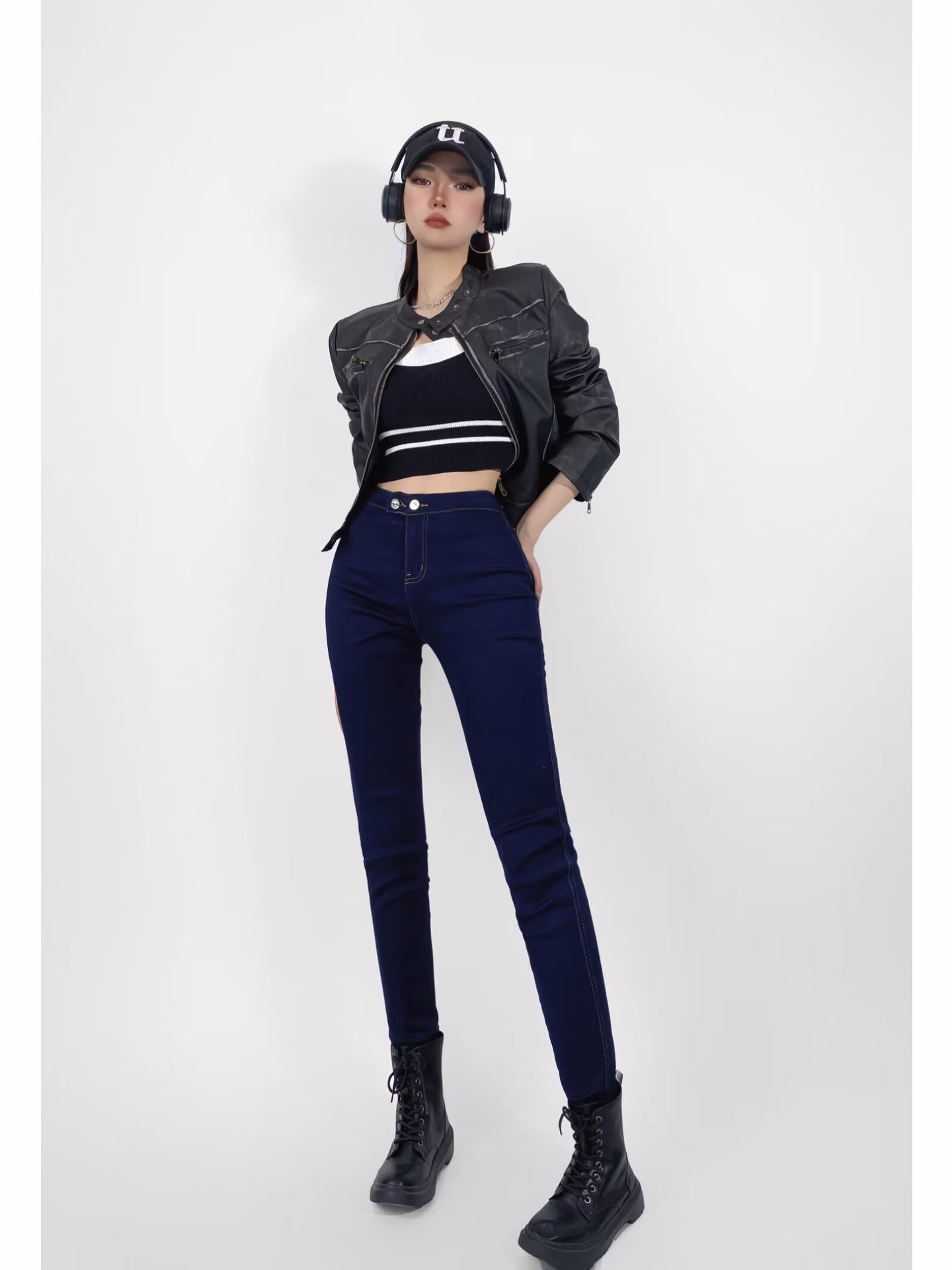 辣妹秋季高品質2粒扣超強彈力桃心口袋牛仔褲緊身鉛筆褲小腳褲