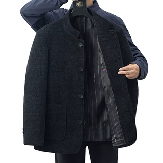 春秋款羊毛呢子男士夹克休闲爸爸装雪尼尔加厚外套中老年立领上衣