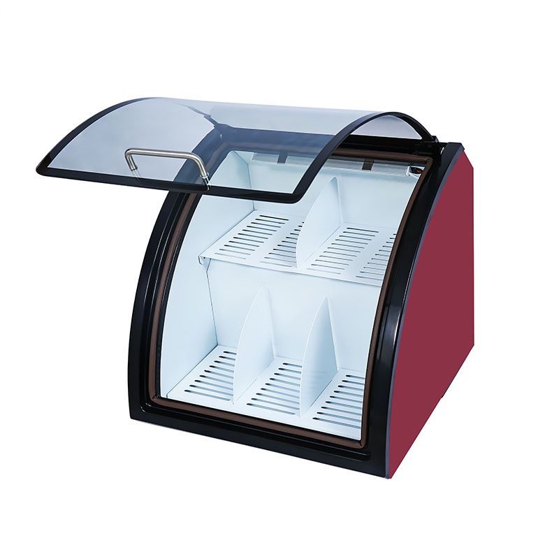 Comedor de conveniencia refrigerador de chocolate bar congelador horizontal puerta de vidrio arqueada mostrador congelador de bebidas