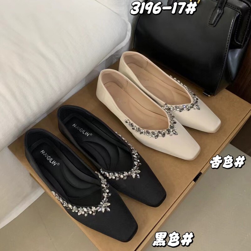Feel Online! Temperament Satin Square Toe Rhinestone Chain Flats Women's Spring & Fall Work Clothing Flats