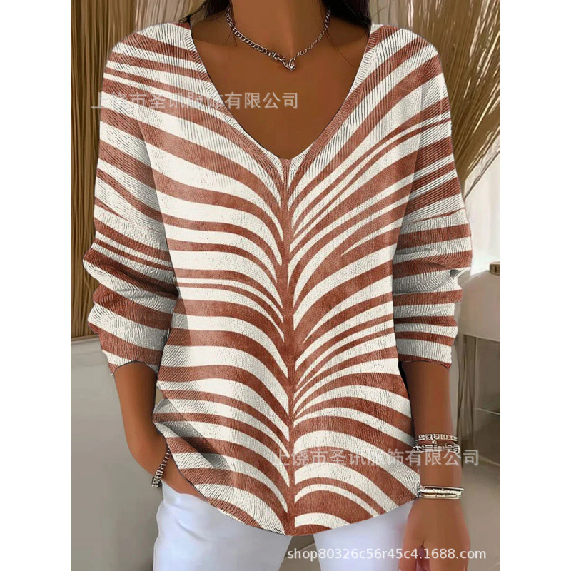 欧美跨境独立站新款3D印花女士时尚渐变色V领长袖T恤上衣|undefined