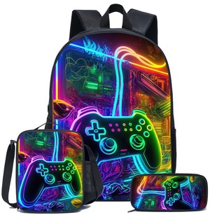 Cross-Border Hot-Selling Printed Backpack, Primary and Secondary School Student School Bag, Large-Capacity Backpack, Shoulder Bag, Pencil Case Three-Piece Set