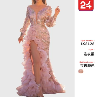 2025秋季欧美新款跨境女装独立站性感网纱拖尾亮片开叉粉色晚礼服