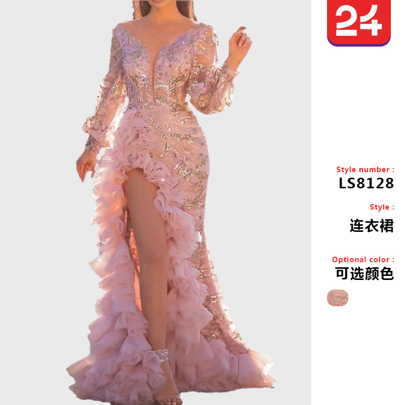 2025 Autumn European and American New Cross-Border Women's Clothing Independent Station Sexy Mesh Tail Sequin Slit Pink Evening Dress