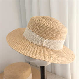 法式平顶蕾丝丝带草帽女夏季海边沙滩度假优雅礼帽宽檐防晒太阳帽