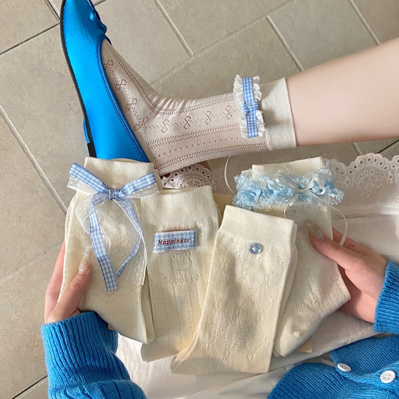 Blue Plaid Bow Socks for Women, Spring and Summer Thin Mesh Lace Mid-Calf Socks, Korean Style Ins Fabric Label Slouch Socks