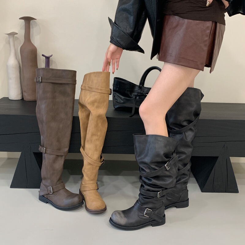 2025 New Belt Buckle Pile Boots over the Knee Thick Heel Retro Distressed Boots Korean Style Boots Niche Work Boots for Women