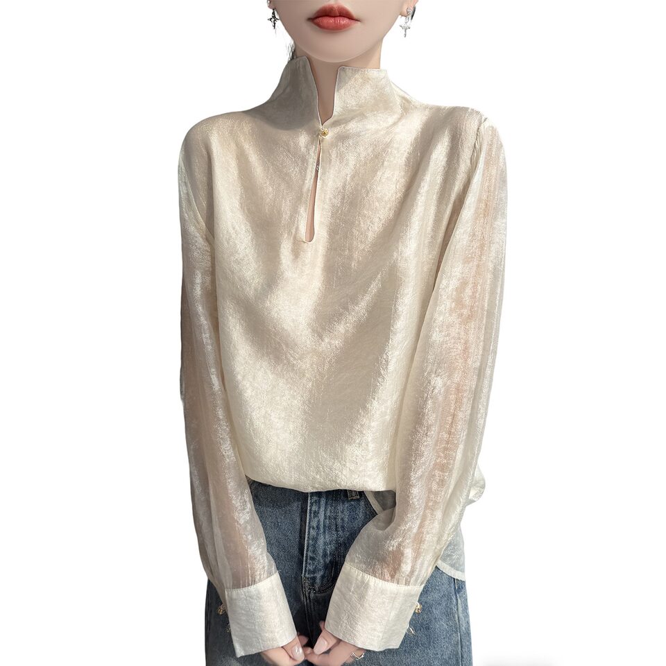 Áo sơ mi nữ cổ đứng tay dài vải Tencel mỏng nhẹ kiểu chui đầu — Màu hồng, Màu trắng, màu đen