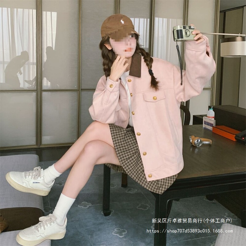 Pink New Suede Workwear Jacket for Women, Sweet and Petite, Preppy Style, Versatile Casual Jacket Top for Autumn