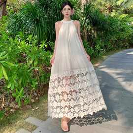 Women's Dresses 速卖通挂脖连衣裙海边度假绝美无袖蕾丝拼接长裙