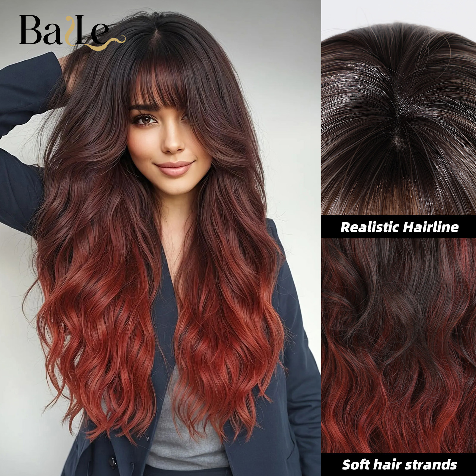 Perucas de cabello negro y rojo gradiente de cabello largo rizado ondas grandes resistencia a altas temperaturas simulación cuero cabelludo fibra química wig image 7