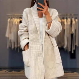 外贸女装2025秋冬季新款加厚纯色V领针织开衫宽松口袋毛衣外套女