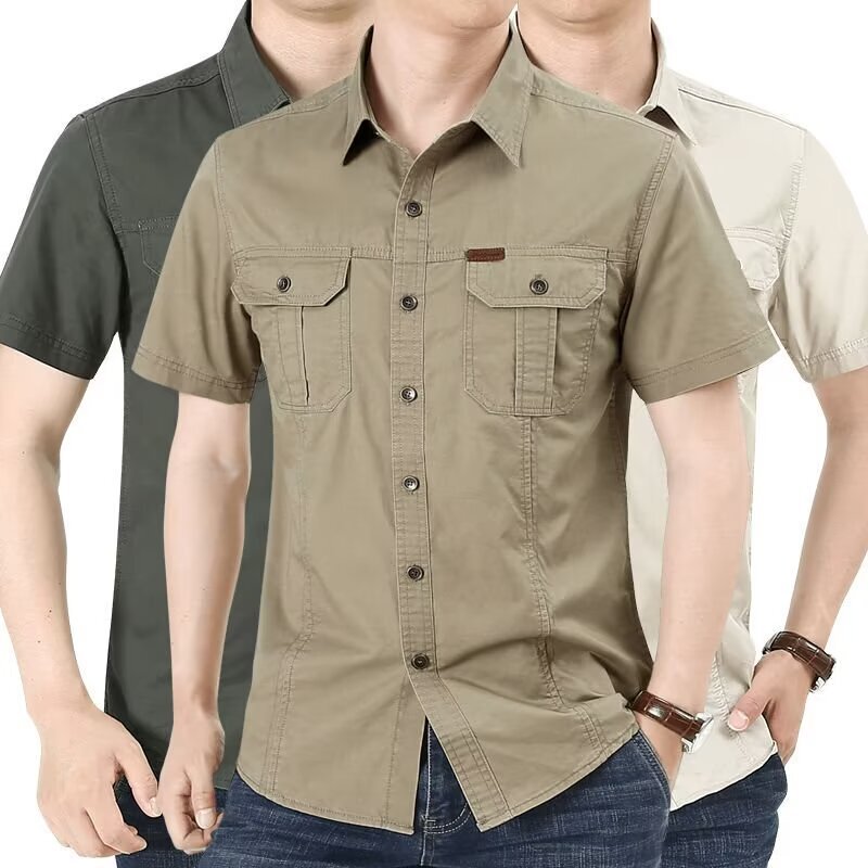 2025 Summer Short-sleeved Shirt Men's plus size Military Frock Outdoor Loose Casual Shirt Men's Thin Top