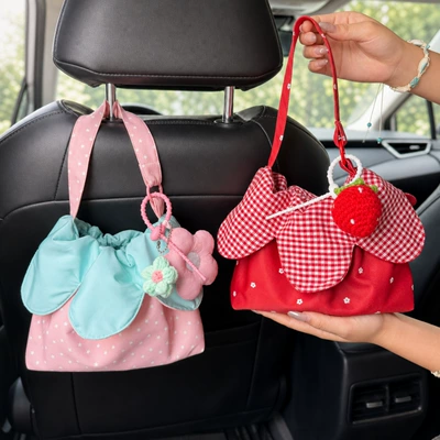Women's car accessories: three-dimensional petal drawstring handbag, polka dot fabric tote bag, car tissue bag, portable storage