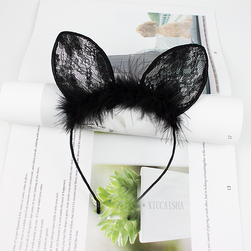 Bunny Ear Headband with Lace Eye Mask, Black Plush Costume Accessory Set — detail image 5