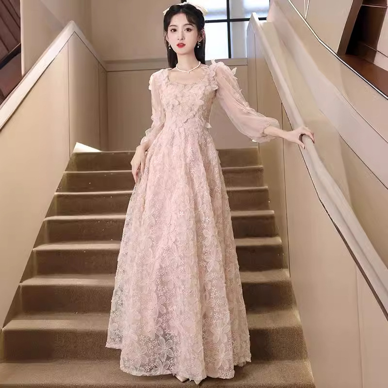 Annual Meeting Evening Dress 2026 New Style Light Luxury Niche French Socialite Fairy-Like Pink Mesh Long Dress for Art Exam