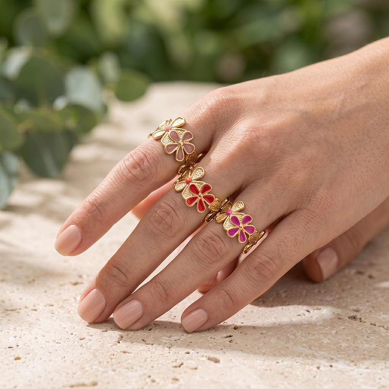 Ana Europa y América transfronterizos de acero inoxidable dopamina anillo de flores de color mar abierto vacaciones ajustable lote de joyería
