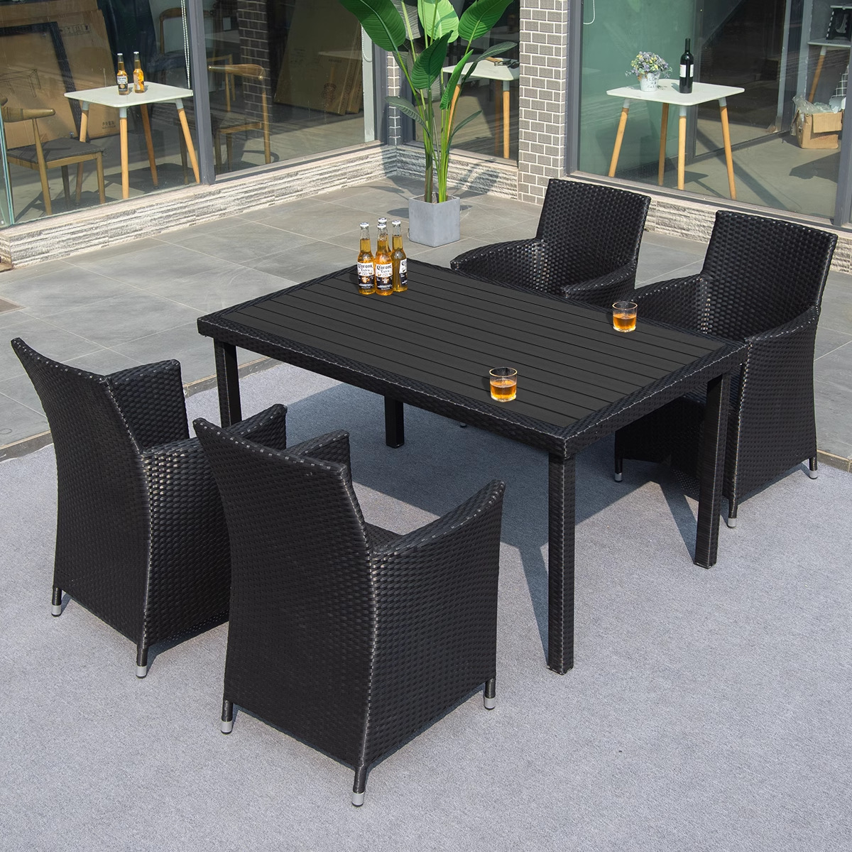 Mesas y sillas al aire libre, patio, combinación de sillas de ratán, terraza al aire libre, mesa de comedor comercial, silla, ocio, impermeable, protector solar