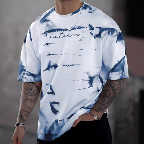 Summer Overseas Trade Men's Short Sleeve T-Shirt with 3D Print, Wholesale Trendy Crew Neck Short Sleeve Fitness Sports Base Layer Shirt