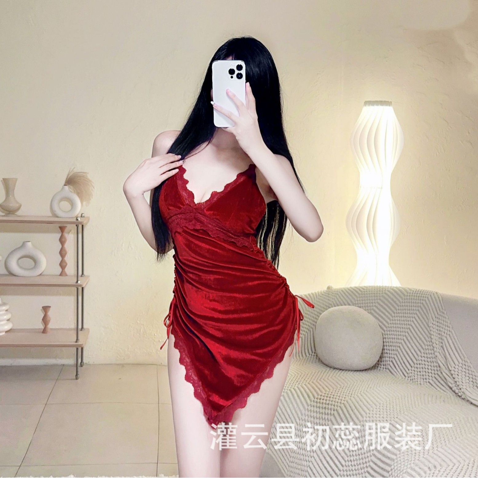 Sexy Underwear Deep V Sling Lace Sling Suit Set Tight Waist Drawstring Bag Hip Nightclub Velvet Skirt Nightdress