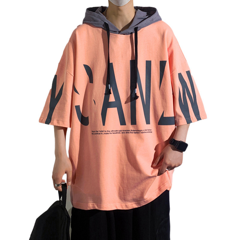 Camiseta de manga corta encapuchada de moda masculina de verano suelta ropa de estilo portugués marca de moda camiseta de manga media delgada de moda