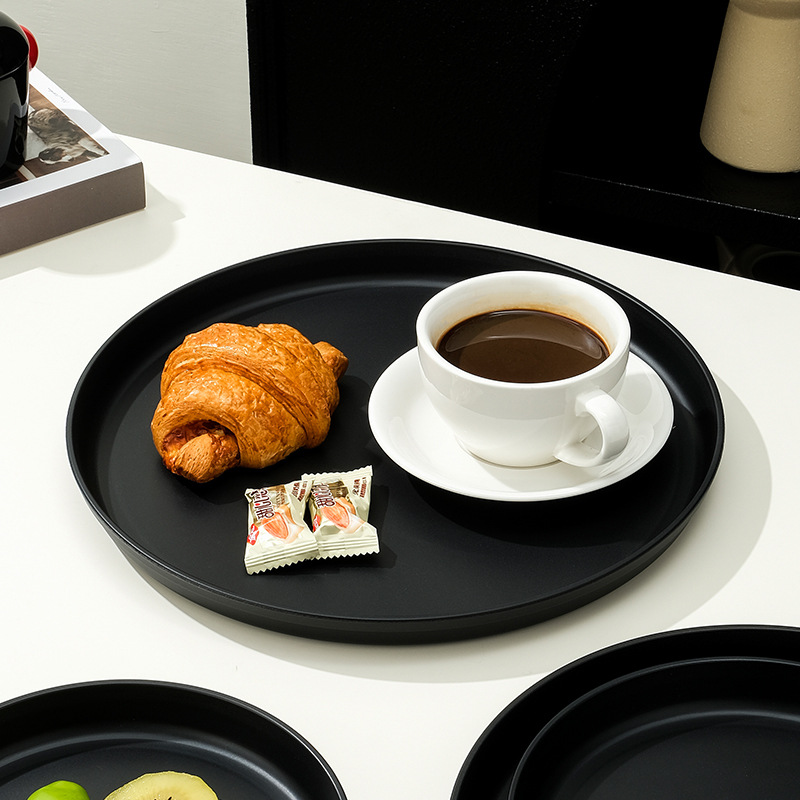 Bandeja de plástico negro japonés, bandeja de té de hotel redonda, taza, almacenamiento de bocadillos, bandeja de desayuno, bandeja de pan de té