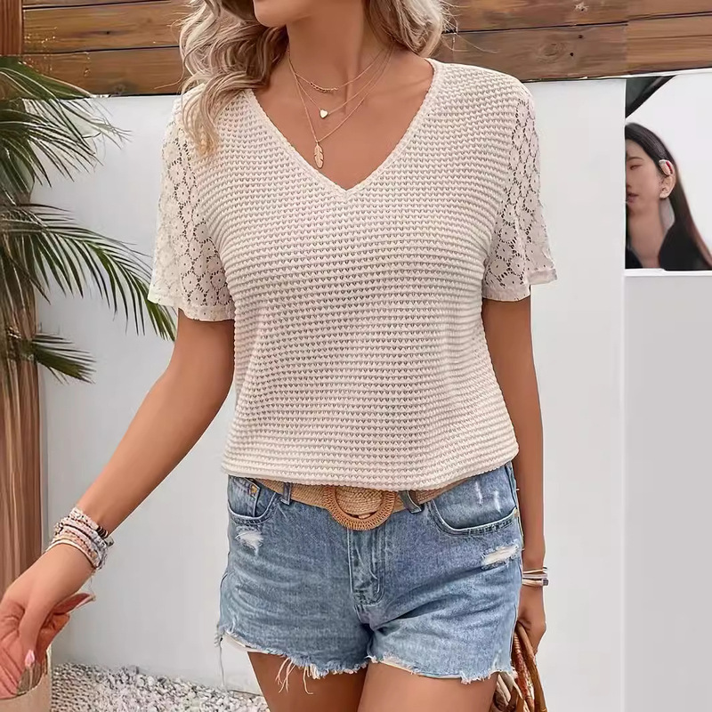 2024 European and American Summer New Amazon Independent Station Lace Stitching Short-sleeved V-neck Short-sleeved T-shirt Cross-border in stock