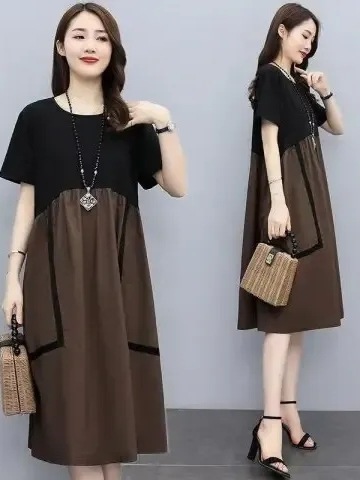 Plus-size color-blocking patchwork maxi dress for women 2025 summer, medium-long length, stylish loose fit, flattering, hides belly