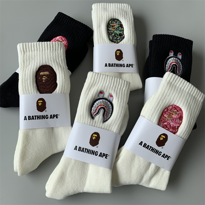 Japanese Ape Head Large Logo Embroidery Street Skateboard Unisex Solid Color Thick Terry Sports Mid-High Tube Trendy Socks