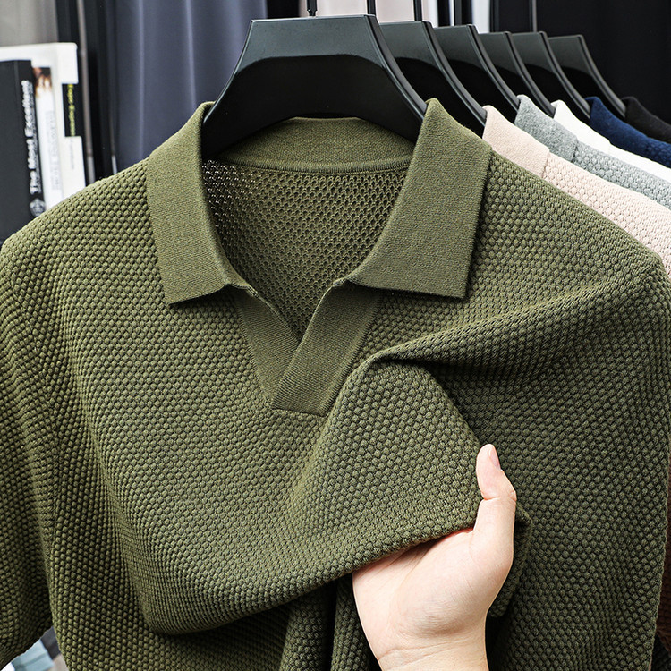 ¡Fibra fría japonesa! Camisa POLO de solapa para hombre de manga corta Camisa de gama alta de algodón Xinjiang casual todo fósforo