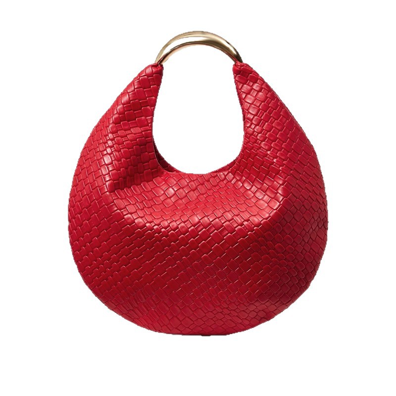 Red Woven PU Leather Shoulder Bag For Women Versatile Fashion High-End Wedding Evening Handbag Solid Color Zipper Closure_voghion.com